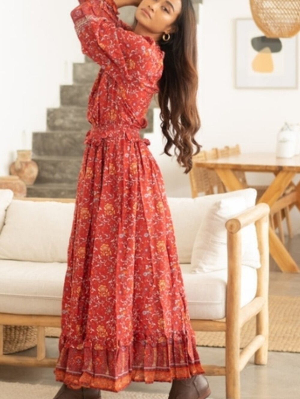 The Fox And The Mermaid Boho Red Floral Maxi Dress - L/XL